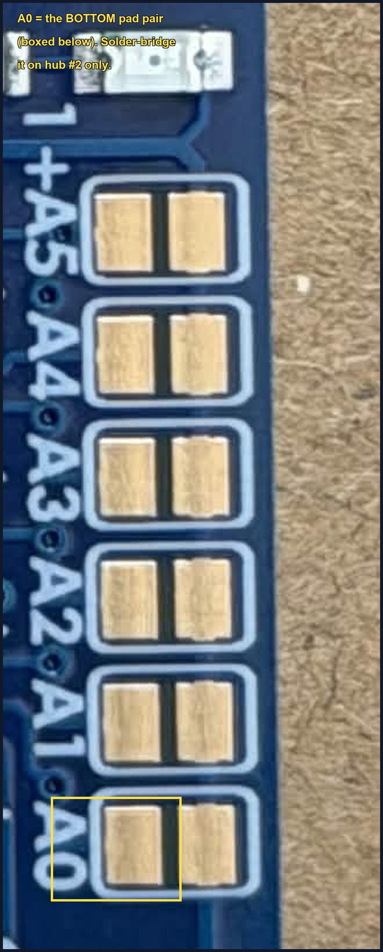 Close-up of the address pads: A0 is the bottom pair, the one hub #2 gets bridged on