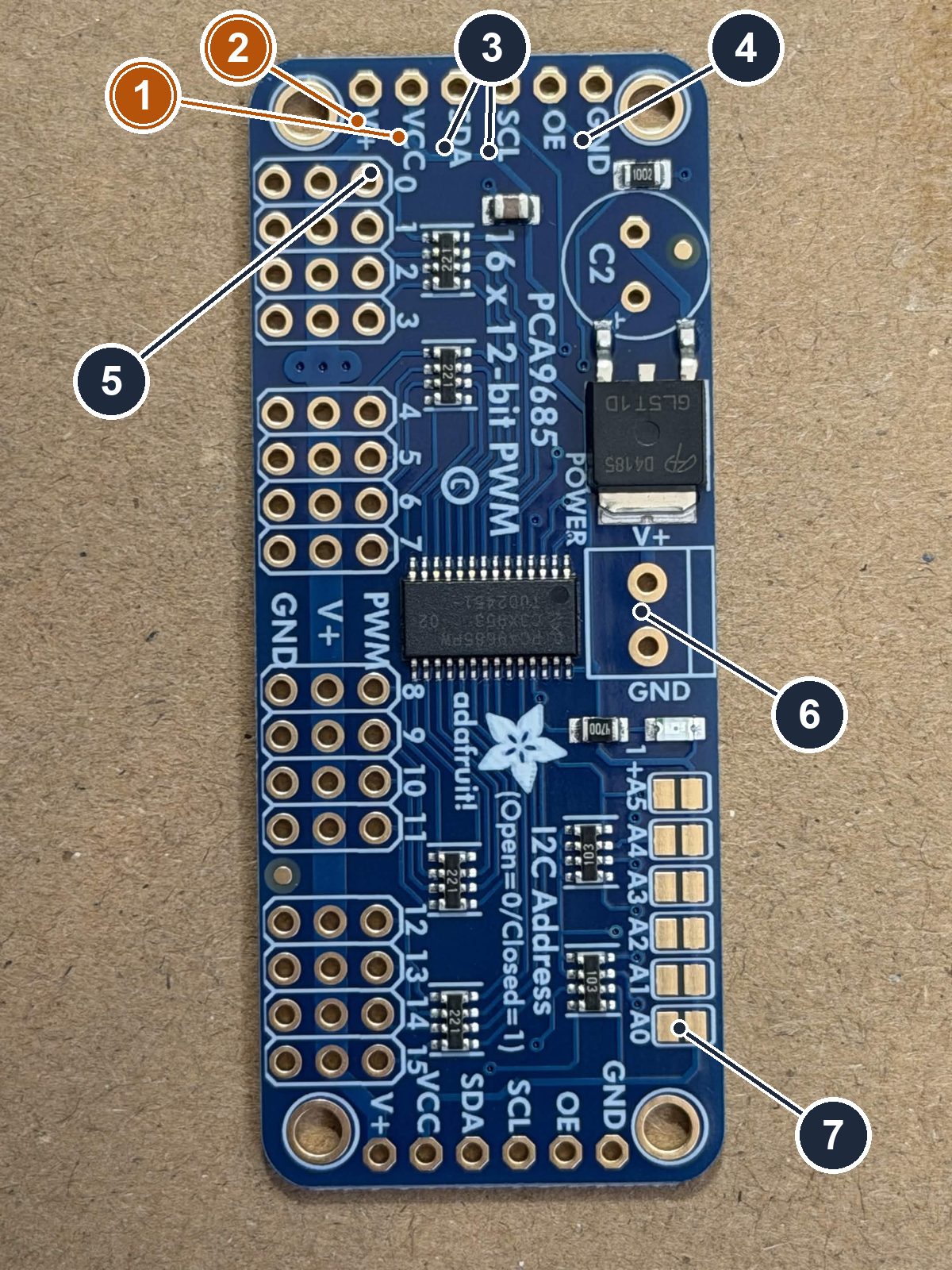 This build's own hub, a genuine Adafruit PCA9685 at address 0x40