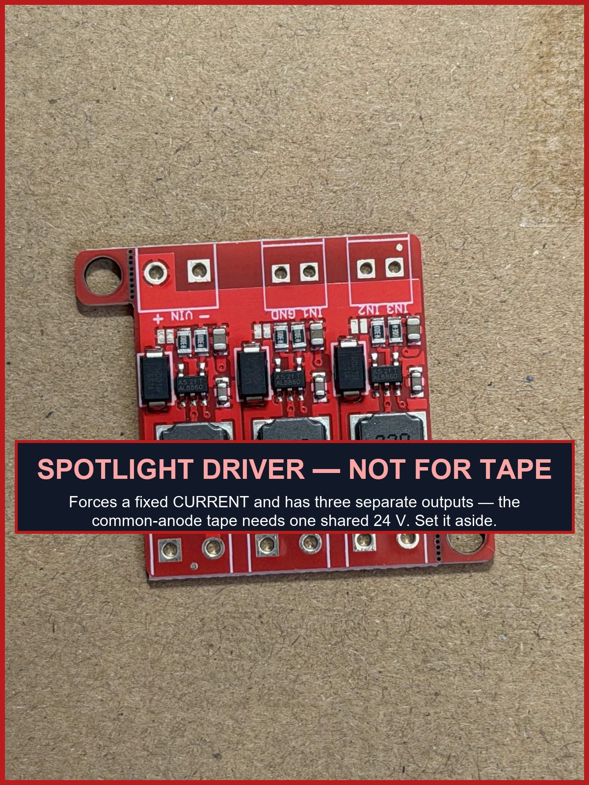 The three-channel constant-current driver, banner-marked: spotlight only, never the tape